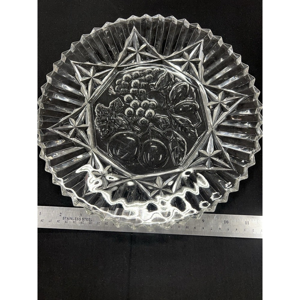 Vintage Cut‎ Crystal Clear Round Serving Platter Tray Plate 11.5" Fruit Design